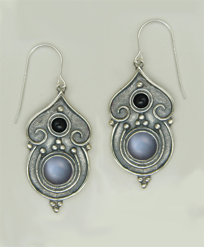 Sterling Silver Gothic Inspired Drop Dangle Earrings With Grey Moonstone And Black Onyx